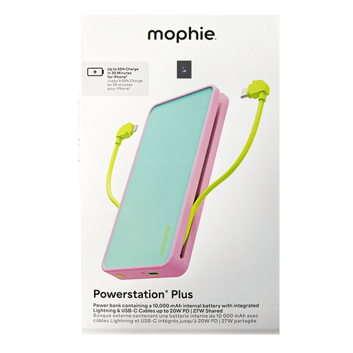 MOPHIE 401119539 Powerstation Plus 10000 mAh with integrated lightning and USB C Cables Teal/Purple