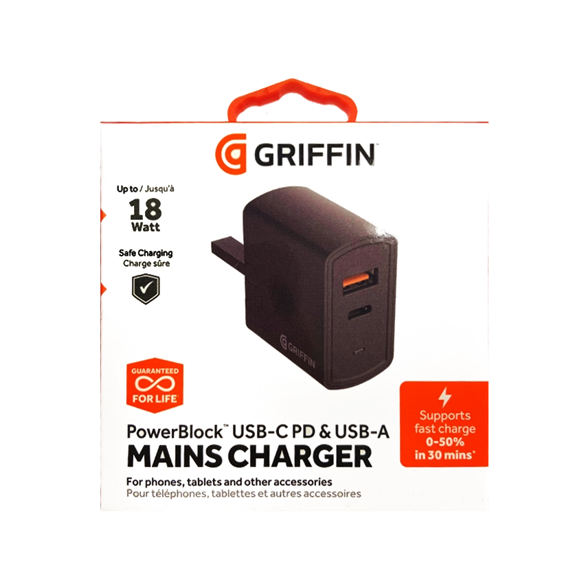 GRIFFIN Powerblock Dual USB-C 15W & USB-A 12W Charger UK Black