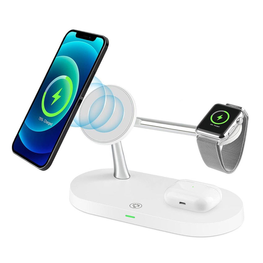 5-In-1 Magnetic Fast Wireless Charger white side view with phone, watch and airPod on charging 2